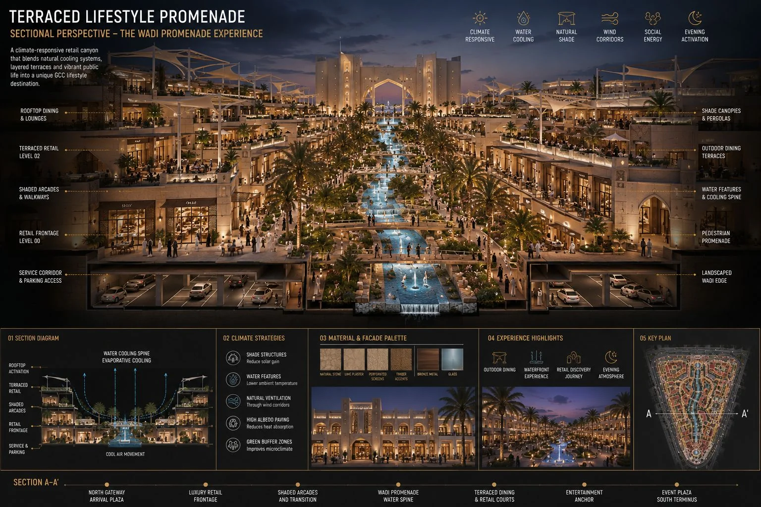 Terraced Lifestyle Promenade — Aseer Region — Sectional perspective through the Wadi Promenade