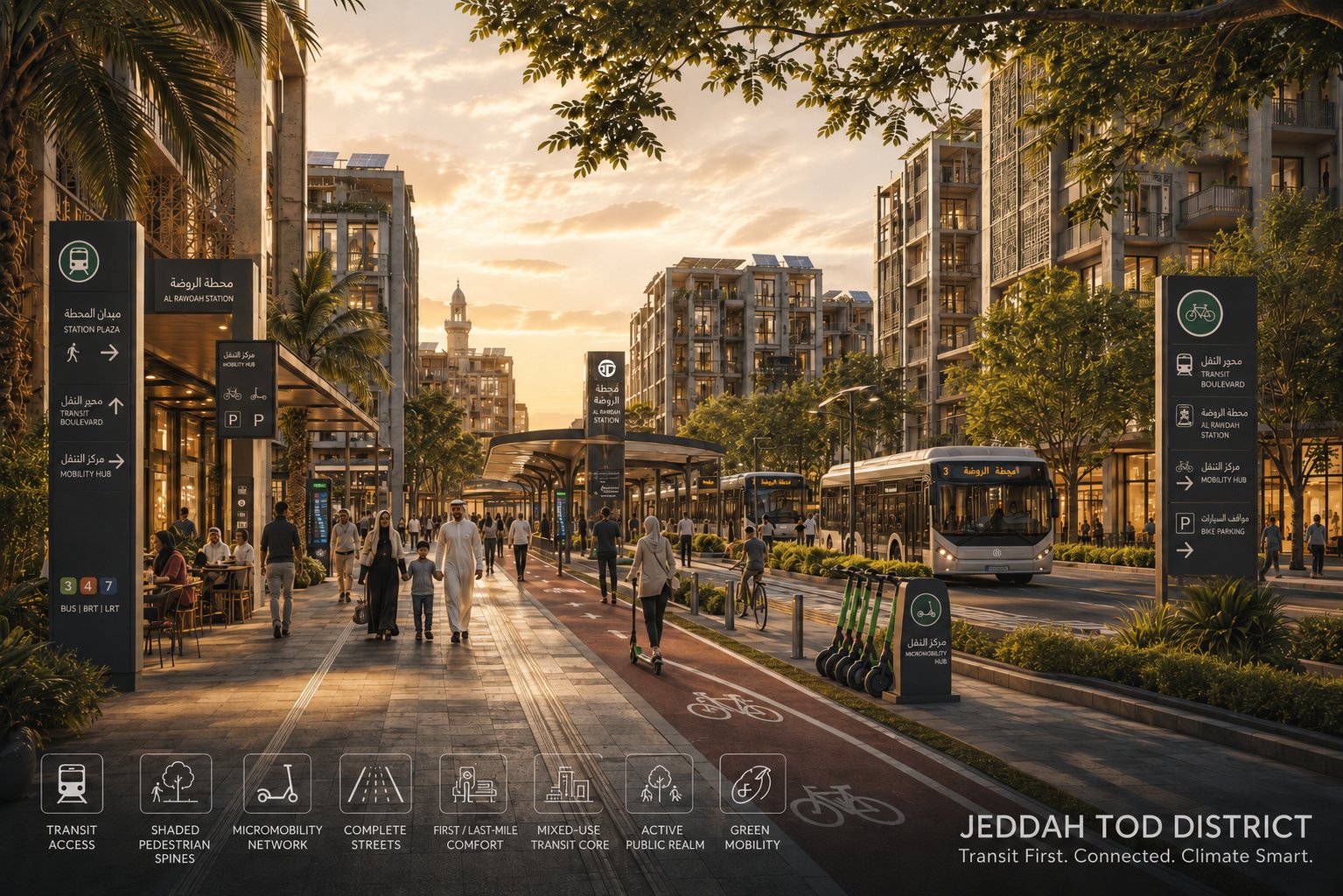 Jeddah TOD District — Transit-First Street Life